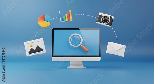 A computer monitor displays a magnifying glass on its screen surrounded by various icons of a camera, envelope, graph, pie chart, and picture on a blue background with a search concept related to 175.