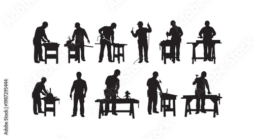 Silhouettes of craftsmen working with tools at tables, industrial workers set, building and construction theme.