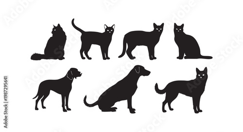 Silhouettes of different breeds of cats and dogs in various poses on a white background.