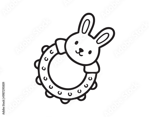Handheld sensory toy with animal design. Monochrome line art infant teething ring with animal motif. Baby comfort sensory chew toy featuring soft silicone material and playful animal artwork