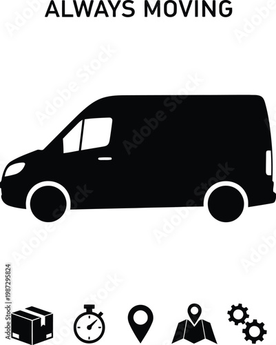 Always moving black van with moving service icons below