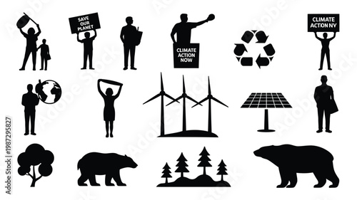 Silhouettes of activists protesting for climate action with trees wildlife and renewable energy symbols in a bold minimalist design