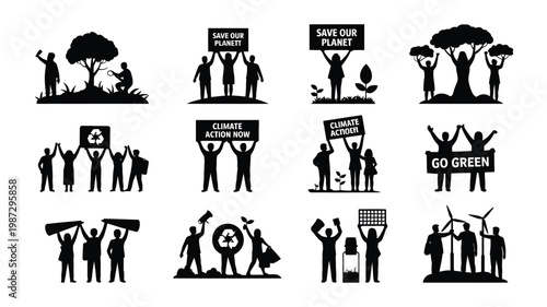 Silhouettes of people holding signs with environmental slogans protesting for climate action and sustainability bold black and white illustrations promoting eco awareness