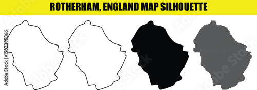 Rotherham england map silhouette variety pack with outline solid and dot matrix designs on checkered background.