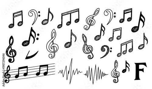 Music notes doodle set hand drawn black pen sketch musical symbols and clefs vector illustration