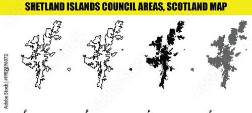 Shetland islands council areas scotland map collection. solid black outline, linear contour, and dot patterns isolated.
