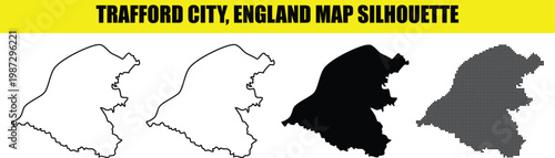 Trafford city england map silhouette set with outline solid and dotted styles isolated on transparent background.