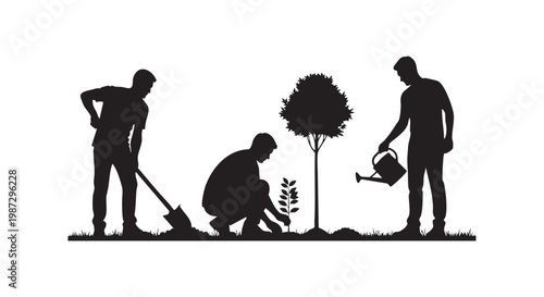 Silhouettes of people planting trees and watering them in garden landscape symbolizing environmental protection and nature care.