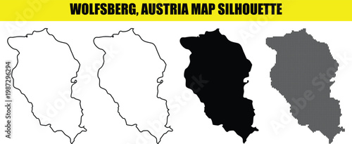 Wolfsberg austria map silhouette set with diverse graphic styles including outline and pixelated dot patterns.
