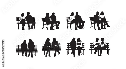 Silhouettes of people sitting on benches, depicting various interactions and relationships in group settings on white background.