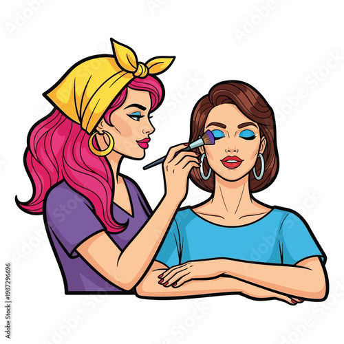 Makeup Artist Applying Eyeshadow to Model in Pop Art Style