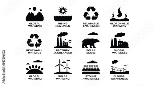 Black and white icons depicting environmental issues including global warming rising sea levels renewable energy and sustainable practices