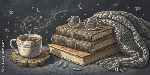 A vector graphic illustration of a cozy reading scene with books, a cup of tea, and glasses on a starry night background.