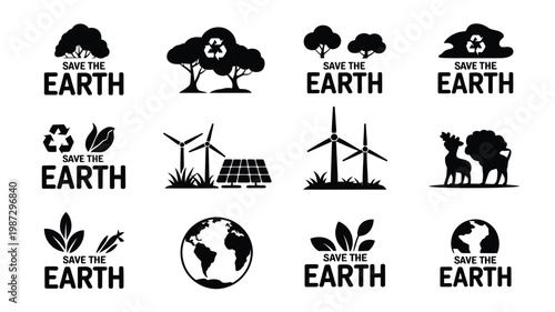 Eco friendly icons with trees wind turbines solar panels and recycling symbols promoting environmental conservation