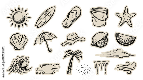 A collection of hand-drawn, vintage-style illustrations depicting various summer and beach-related elements, including a sun, surfboard, flip-flops, bucket, starfish, and more.