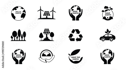 Eco friendly symbols promoting sustainability recycling and environmental conservation with icons of wind turbines recycling arrows and green earth