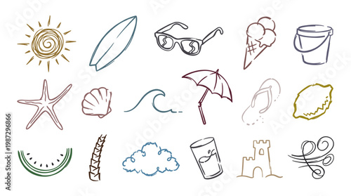 A collection of hand-drawn, colorful sketch icons representing various summer and beach-related themes, including a sun, surfboard, sunglasses, ice cream, and a sandcastle.