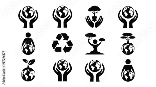 Black and white icons of hands holding a globe recycling symbols and planting trees symbolize environmental care
