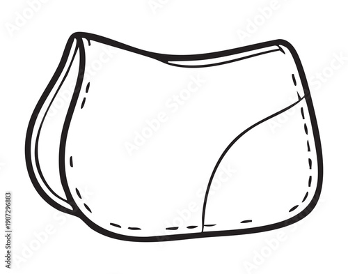 Quilted saddle pad with visible stitching, simplified handdrawn outline showing curved ergonomic shape, textured fabric suggestion, stable and riding gear context, practical protective cushion