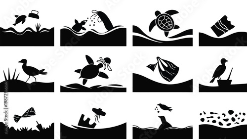 Black and white silhouettes of wildlife and nature elements in minimalist style illustrations on a clean background
