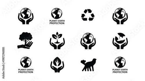 Black and white eco friendly symbol set with hands protecting planet earth and recycling icons for environmental conservation