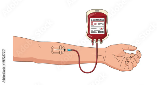 Vector illustration of a human arm during blood donation or transfusion, connected to a blood bag, symbolizing health and life-saving medical procedures