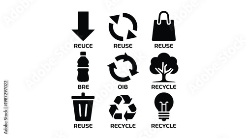 Black and white recycling icons including bottles bags plants trash bins and arrows emphasizing reuse and sustainability