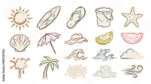 A collection of hand-drawn summer-themed icons 