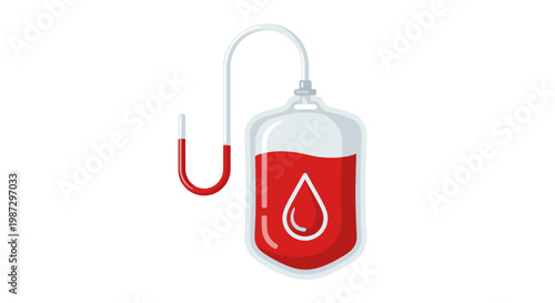 Stylized vector illustration of a blood bag with a drop, symbolizing life-saving medical care, crucial transfusions, and the importance of healthy donation