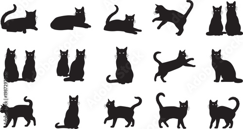 Detailed black and white flat vector illustration collection of various domestic cat silhouettes in different poses like sitting, jumping, and walking.