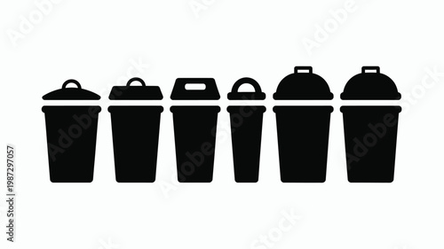 Six black recycling bins lined up in a row each with a different lid design isolated on a plain white background for environmental and waste management concepts