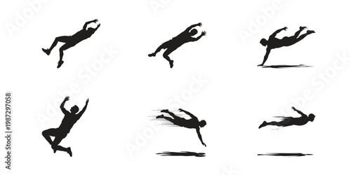 6 Dynamic Falling Diving Man Silhouette Action Poses Set