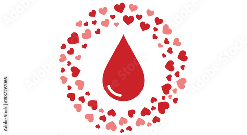Donation blood drop surrounded by a circle of hearts, symbolizing health and life