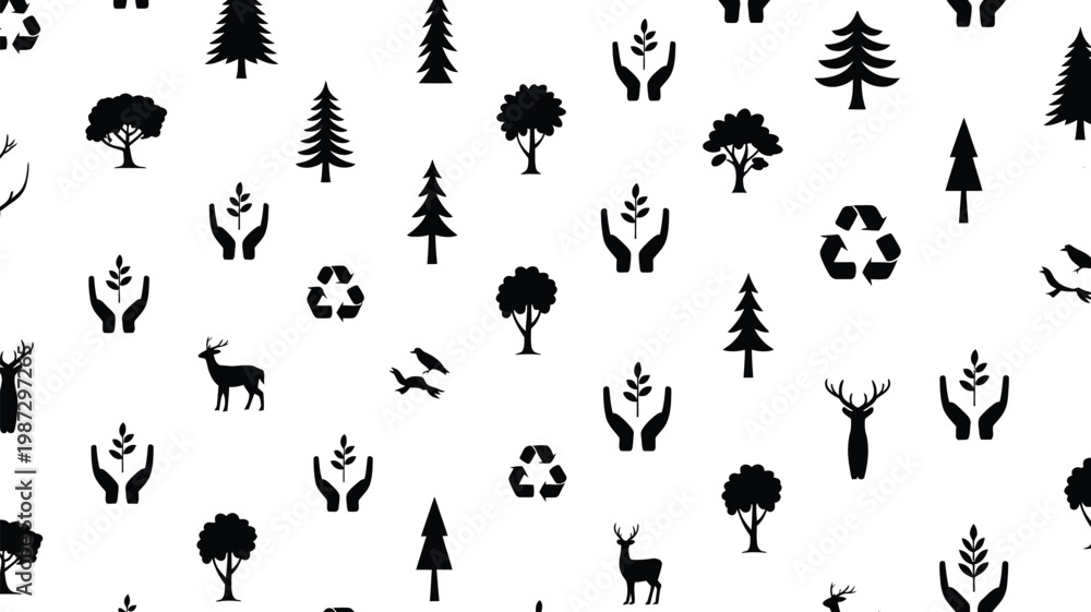 Obraz premium Black and white nature themed pattern featuring trees deer recycling symbols and leaves in a minimalist eco friendly design