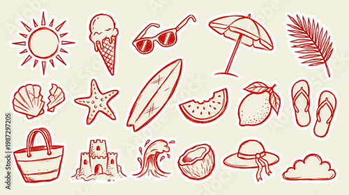A charming collection of hand-drawn summer vacation icons, perfect for beach-themed designs.