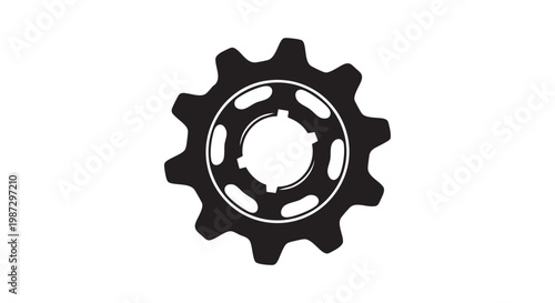 Single gear cogwheel icon on white background, black silhouette of sprocket for mechanical engineering and industry concept.