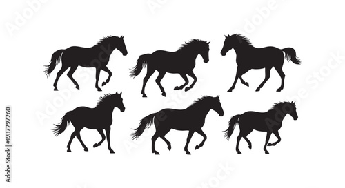 Six running horses in various dynamic poses, black silhouette vector illustration set representing speed and grace.