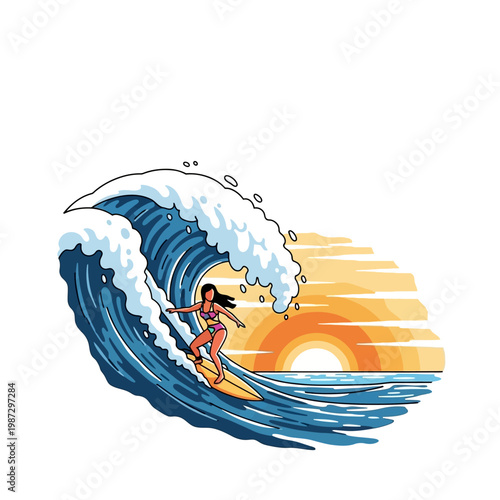 Surfer Girl Riding Big Wave at Sunset