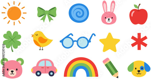 Diverse Children Doodle Icon Set with Colorful Funny Elements. Hand Drawn Cute Happy Kid Drawing Symbols, Education Concept Illustration Bundle including Dog, Apple, and Rainbow. Vector Graphic 