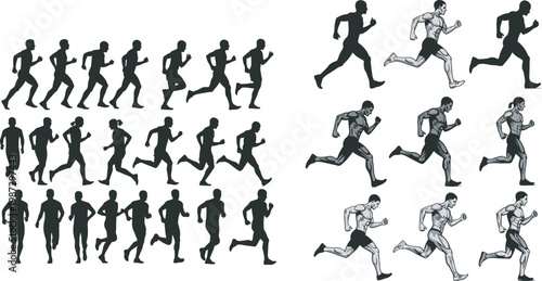 Detailed black and white flat vector illustration collection of various human runner silhouettes and athletic jogging figures in motion.