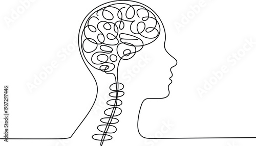 Black and white line of human head with brain and spinal cord