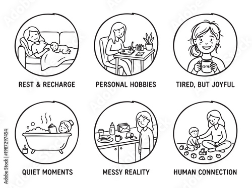 Mother experiencing various aspects of motherhood and self care