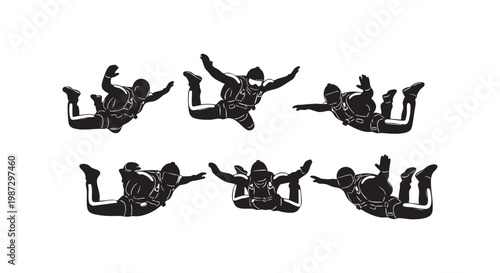 Six skydivers in freefall, wearing parachutes and helmets, dynamic poses, black and white illustration.