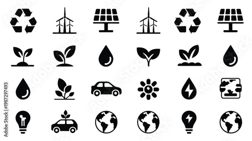 Black and white icons illustrating renewable energy recycling and sustainability concepts with symbols for solar panels wind turbines electric vehicles and eco friendly practices