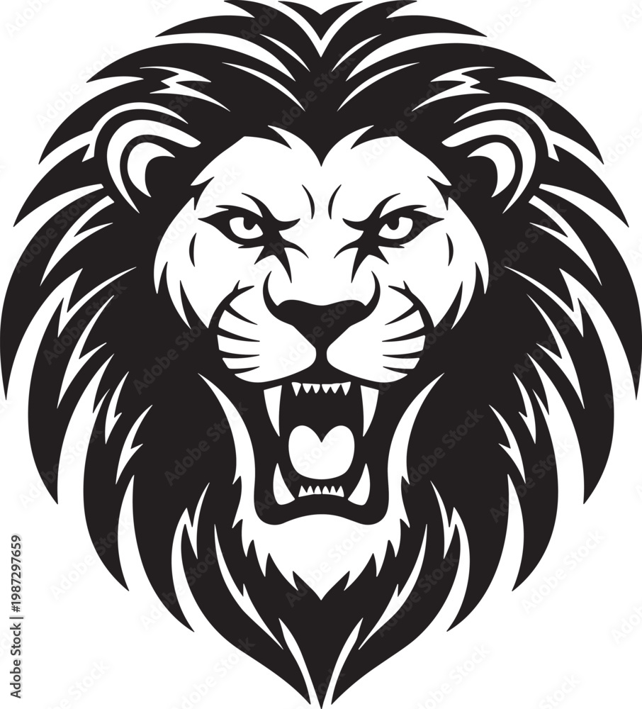Fototapeta premium Detailed black and white flat vector illustration of a roaring lion head mascot with a sharp mane and open jaws.