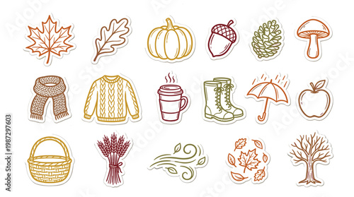 A charming collection of hand-drawn autumn-themed illustrations, featuring seasonal elements like leaves, pumpkins, acorns, and cozy apparel.
