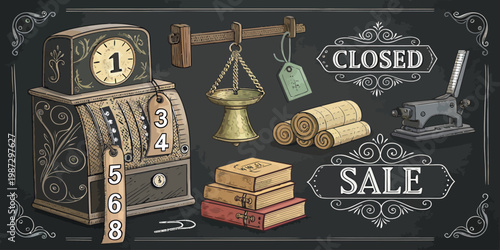 A vintage-style illustration of a cash register, scales, and books with a closed sale sign