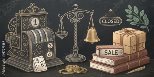 A vintage-style illustration of a cash register, scale, and books with a sale sign, surrounded by gifts and a closed sign.