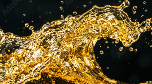 Dynamic splash of golden liquid oil or fuel, abstract energy wave movement