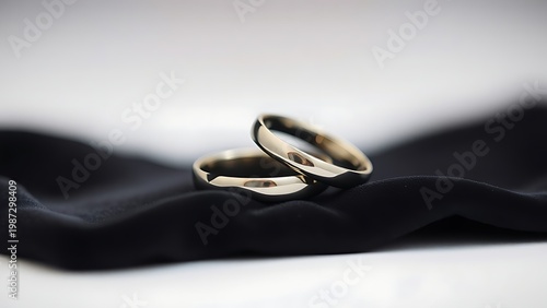 electroluminescence. Two silver wedding bands overlapping on dark velvet fabric. lifestyle magazines, social media lookbooks, designed for lifestyle magazines and social media content.